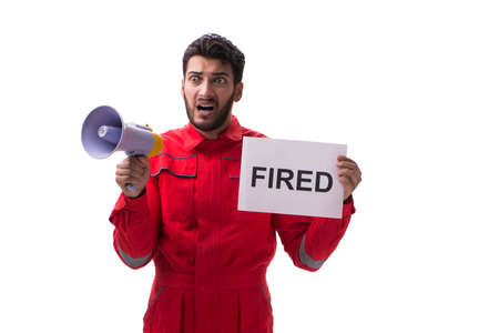 Man in coveralls with message isolated on white backgroundの写真素材