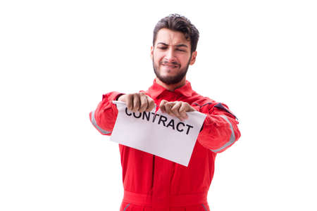 Man in coveralls with message isolated on white background