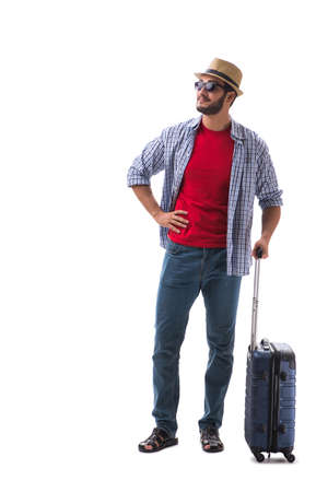 Young man ready for summer travel isolated on white backgroundの写真素材