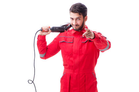 Young man with circular polisher isolated on white background