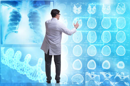 Telemedicine concept with doctor pressing virtual buttons