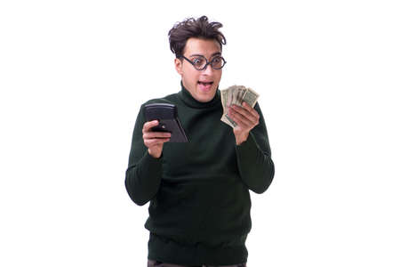 Nerd young man with calculator isolated on white backgroundの写真素材
