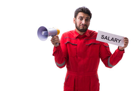 Man in coveralls with message isolated on white