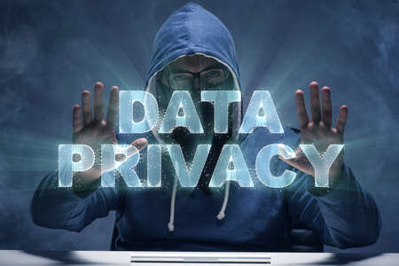 Data privacy concept with hacker stealing personal information