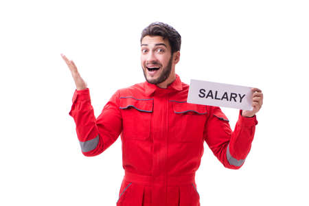 Man in coveralls with message isolated on whiteの写真素材