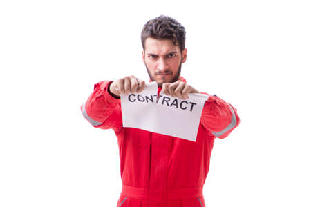 Man in coveralls with message isolated on whiteの写真素材