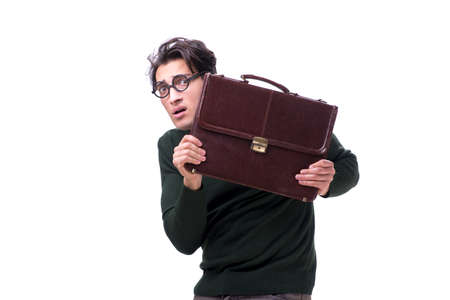 Nerd businessman with briefcase isolated on whiteの写真素材