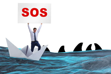 Businessman asking for help with SOS message on boat