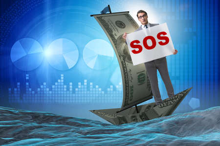 Businessman asking for help with SOS message on boat