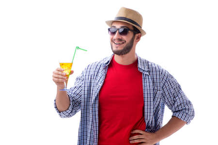 Young funny man with cocktail isolated on whiteの写真素材