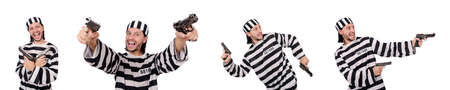 Prison inmate with gun isolated on white