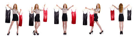 Woman choosing the dress isolated on whiteの写真素材