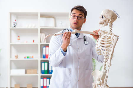 Yong male doctor with skeleton isolated on whiteの写真素材