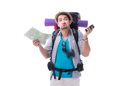 Man lost and looking for direction with map on white