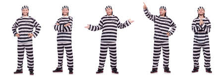 Convict criminal in striped uniform isolated on white