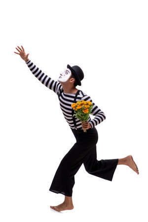 Mime with bunch of flowers isolated on whiteの写真素材