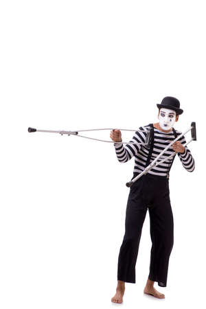 Mime with crutches isolated on white backgroundの写真素材