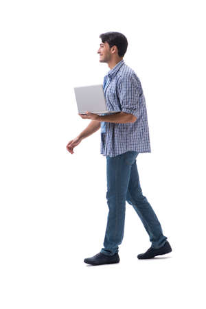 Young student with laptop isolated on whiteの写真素材