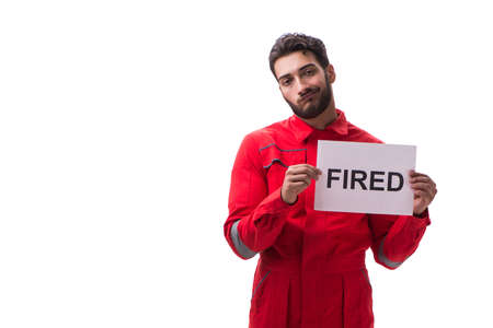 Man in coveralls with message isolated on whiteの写真素材