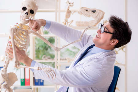 Crazy professor studying human skeleton