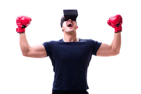 Man playing with virtual reality glasses on white background