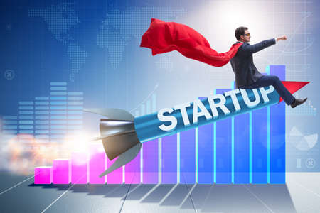 Superhero businessman in start-up concept flying rocket