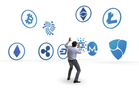 Concept of various cryptocurrencies and businessman