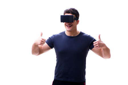 Man playing with virtual reality glasses on white background