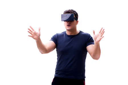 Man playing with virtual reality glasses on white background