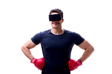 Man playing with virtual reality glasses on white backgroundの写真素材