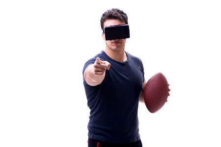 Man playing with virtual reality glasses on white backgroundの写真素材
