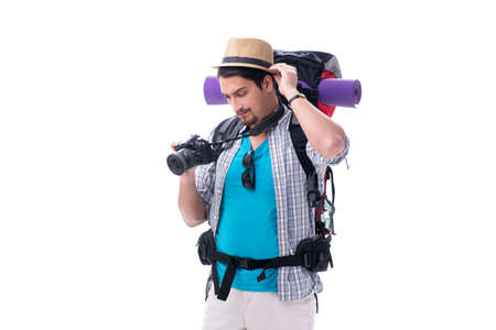 Backpacker with camera isolated on white backgroundの写真素材