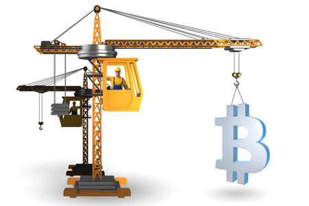 Construction crane lifting bitcoin in cryptocurrency conceptの写真素材