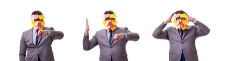 Businessman with many reminders isolated on whiteの写真素材