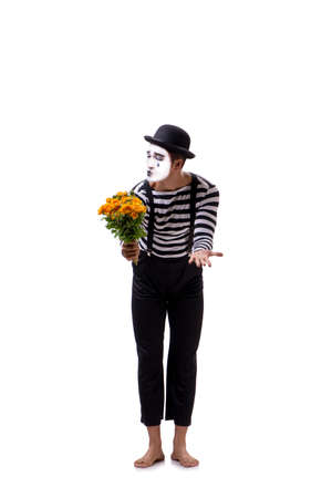 Mime with bunch of flowers isolated on whiteの写真素材