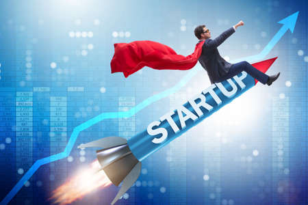 Superhero businessman in start-up concept flying rocket