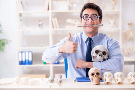 Funny crazy professor studying human skeletonの写真素材