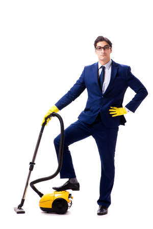 Handsome businessman with vacuum cleaner isolated on white backgの写真素材