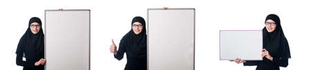 Muslim woman with blank board on whiteの写真素材