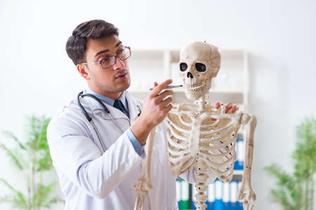 Yong male doctor with skeleton isolated on white