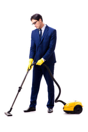Handsome businessman with vacuum cleaner isolated on white backgの写真素材