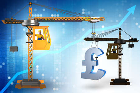 Construction crane lifting british pound in currency business coの写真素材