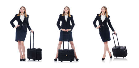 Woman preparing for vacation with suitcase on whiteの写真素材