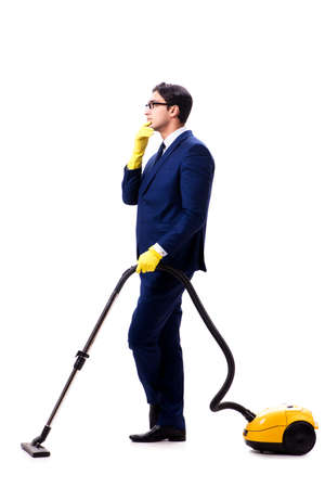 Handsome businessman with vacuum cleaner isolated on white backgの写真素材