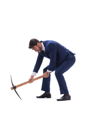 Young businessman with axe isolated on white backgroundの写真素材