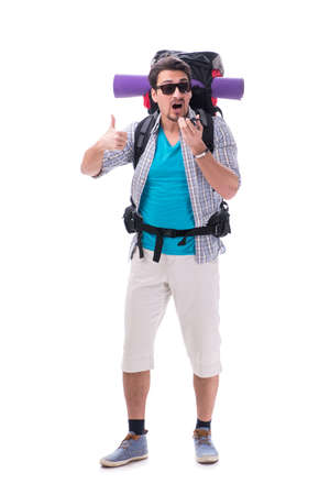 Backpacker with large backpack isolated on whiteの写真素材