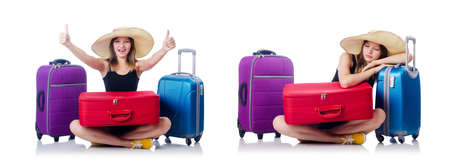 Woman with suitacases preparing for summer vacationの写真素材