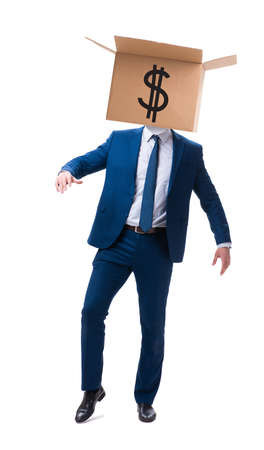 Businessman with dollar box on his headの写真素材