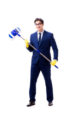 Handsome businessman with the mop isolated on white backgroundの写真素材