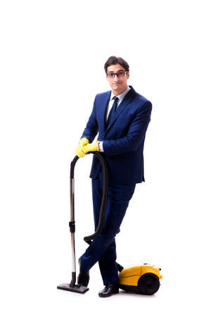 Handsome businessman with vacuum cleaner isolated on white backgの写真素材